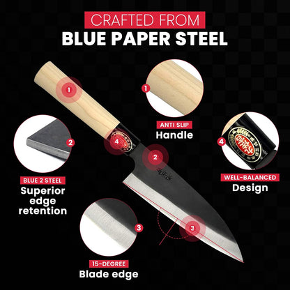YOSHIDAHAMONO 6.5-Inch Nakiri Knife Made in Japan | Aogami #2 Blue Paper Steel | HRC 62-64 | Vegetable Knife for Home Cooks | Wood Handle | 3-Year Warranty