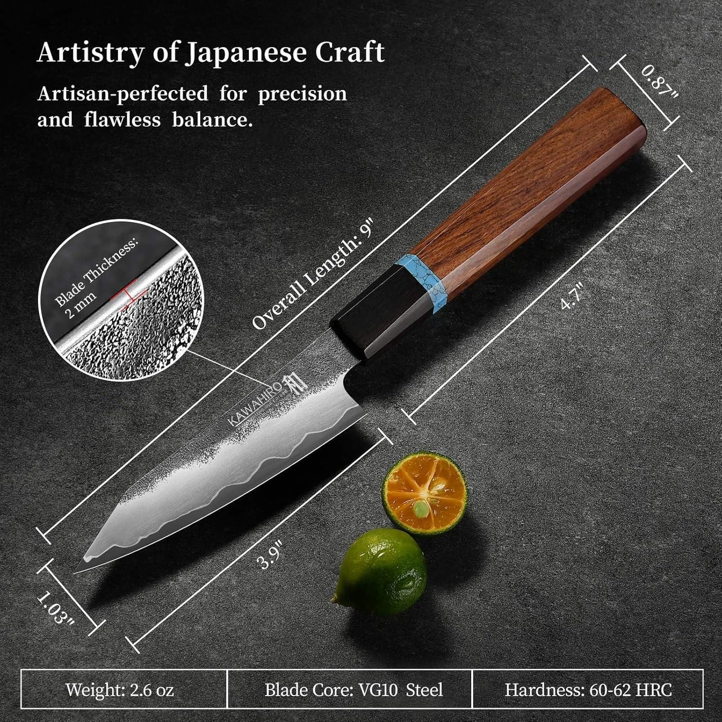 3.9" Paring Knife, Hand Forged Japanese VG10 Steel Core Blade for Precise Peeling, Coring & Detail Work, Small Kitchen Knife with Ergonomic Octagonal Handle, Premium Wooden Gift Box
