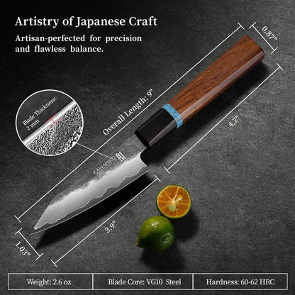 3.9" Paring Knife, Hand Forged Japanese VG10 Steel Core Blade for Precise Peeling, Coring & Detail Work, Small Kitchen Knife with Ergonomic Octagonal Handle, Premium Wooden Gift Box