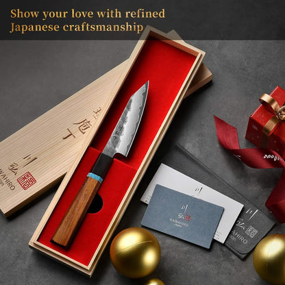 3.9" Paring Knife, Hand Forged Japanese VG10 Steel Core Blade for Precise Peeling, Coring & Detail Work, Small Kitchen Knife with Ergonomic Octagonal Handle, Premium Wooden Gift Box