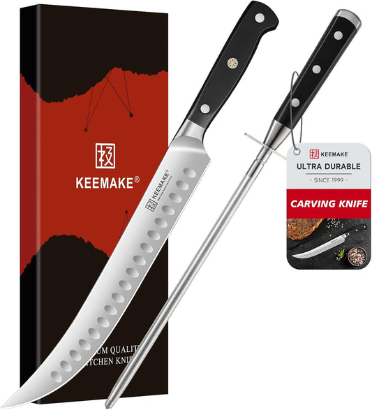 BBQ Carving Knife Set - 10" Butcher Knife & 10" Honing Rod Slicing Knife Set for Meat Cutting Razor Sharp German Steel with Ergonomic Handle Full Tang Design Gift Box Included