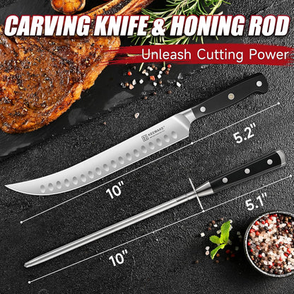 BBQ Carving Knife Set - 10" Butcher Knife & 10" Honing Rod Slicing Knife Set for Meat Cutting Razor Sharp German Steel with Ergonomic Handle Full Tang Design Gift Box Included
