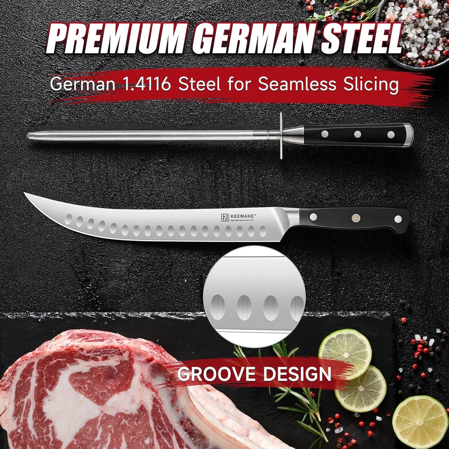 BBQ Carving Knife Set - 10" Butcher Knife & 10" Honing Rod Slicing Knife Set for Meat Cutting Razor Sharp German Steel with Ergonomic Handle Full Tang Design Gift Box Included