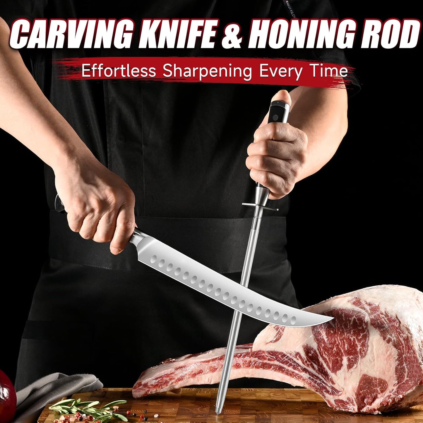 BBQ Carving Knife Set - 10" Butcher Knife & 10" Honing Rod Slicing Knife Set for Meat Cutting Razor Sharp German Steel with Ergonomic Handle Full Tang Design Gift Box Included