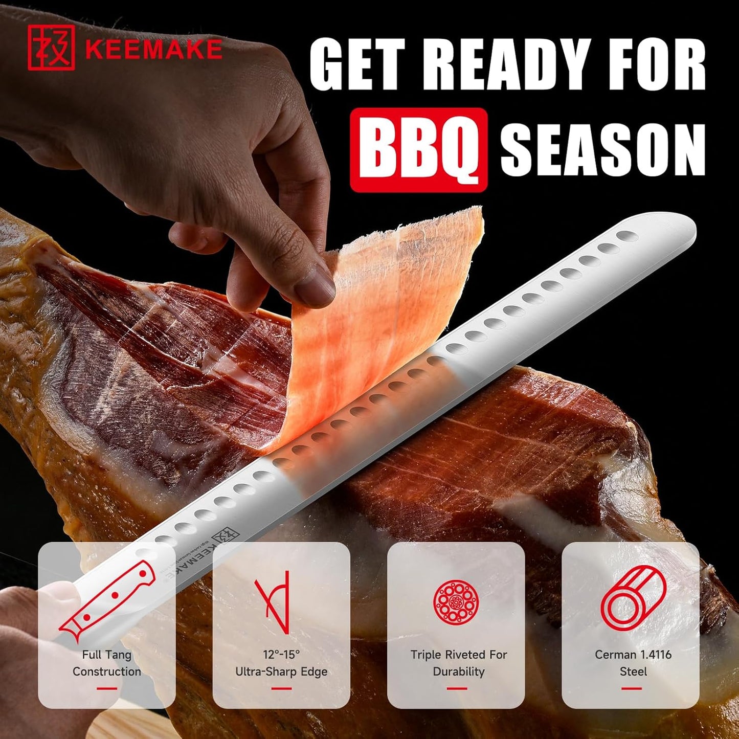 BBQ Carving Knife Set - 10" Butcher Knife & 10" Honing Rod Slicing Knife Set for Meat Cutting Razor Sharp German Steel with Ergonomic Handle Full Tang Design Gift Box Included