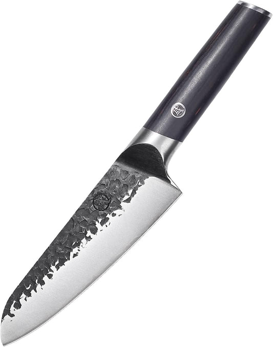 7-Inch Japanese Santoku Knife, SKD-11 Steel | Wide 2mm Santoku blade for slicing, dicing and mincing, 3-layer SKD-11 steel, textured finish, pakkawood handle