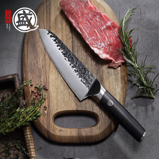 7-Inch Japanese Santoku Knife, SKD-11 Steel | Wide 2mm Santoku blade for slicing, dicing and mincing, 3-layer SKD-11 steel, textured finish, pakkawood handle