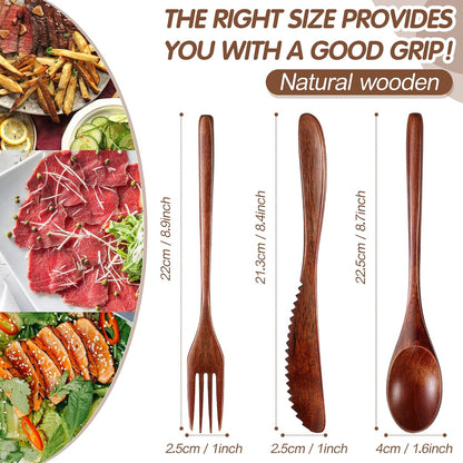 12 Pcs Wooden Utensils for Eating Wooden Spoon Fork Knife Set