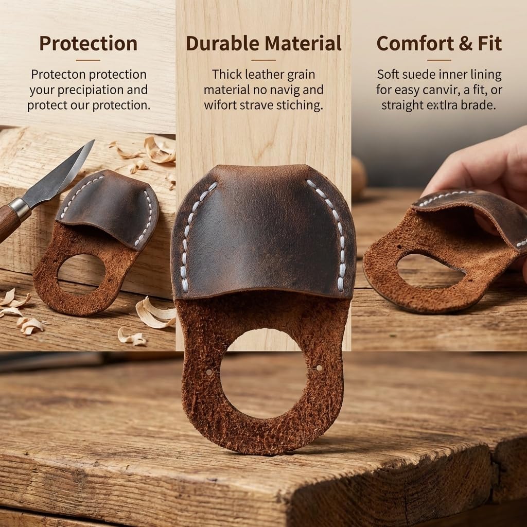 Thumb Guard for Wood Carving - Premium Full Grain Leather Finger Protector, Handmade Carpenter Carving Kit Accessory (Tan)