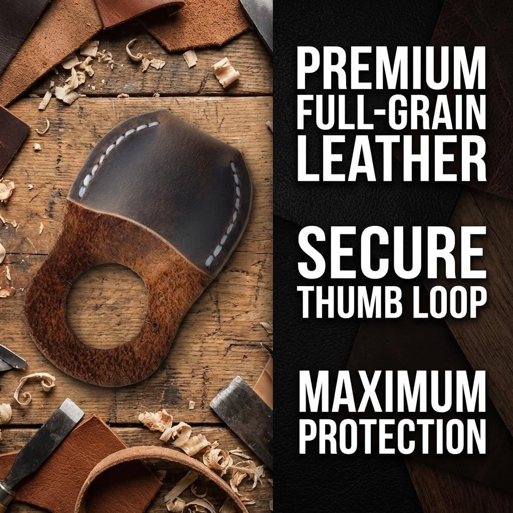 Thumb Guard for Wood Carving - Premium Full Grain Leather Finger Protector, Handmade Carpenter Carving Kit Accessory (Tan)
