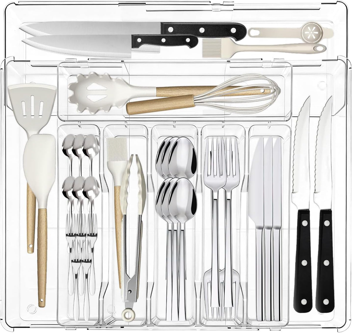 Expandable Silverware Organizers for Kitchen Drawer, Clear Utensil | Drawer Organizer Tray, Adjustable Cutlery Flatware Holder for Spoon Fork Knife, Plastic Spatula Tools Gadgets Storage Divider