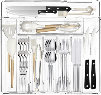 Expandable Silverware Organizers for Kitchen Drawer, Clear Utensil | Drawer Organizer Tray, Adjustable Cutlery Flatware Holder for Spoon Fork Knife, Plastic Spatula Tools Gadgets Storage Divider