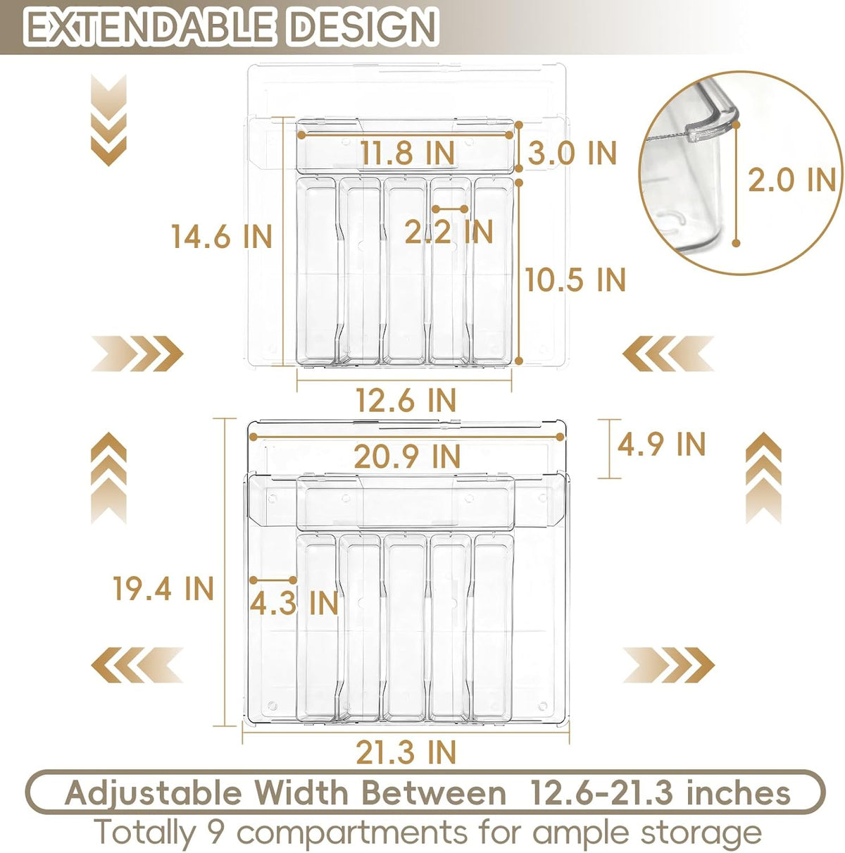 Expandable Silverware Organizers for Kitchen Drawer, Clear Utensil | Drawer Organizer Tray, Adjustable Cutlery Flatware Holder for Spoon Fork Knife, Plastic Spatula Tools Gadgets Storage Divider
