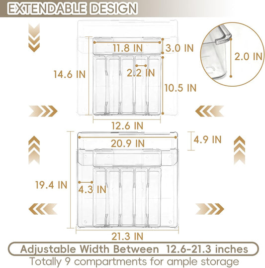 Expandable Silverware Organizers for Kitchen Drawer, Clear Utensil | Drawer Organizer Tray, Adjustable Cutlery Flatware Holder for Spoon Fork Knife, Plastic Spatula Tools Gadgets Storage Divider