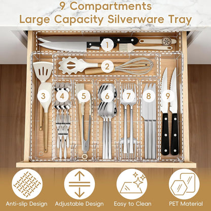 Expandable Silverware Organizers for Kitchen Drawer, Clear Utensil | Drawer Organizer Tray, Adjustable Cutlery Flatware Holder for Spoon Fork Knife, Plastic Spatula Tools Gadgets Storage Divider