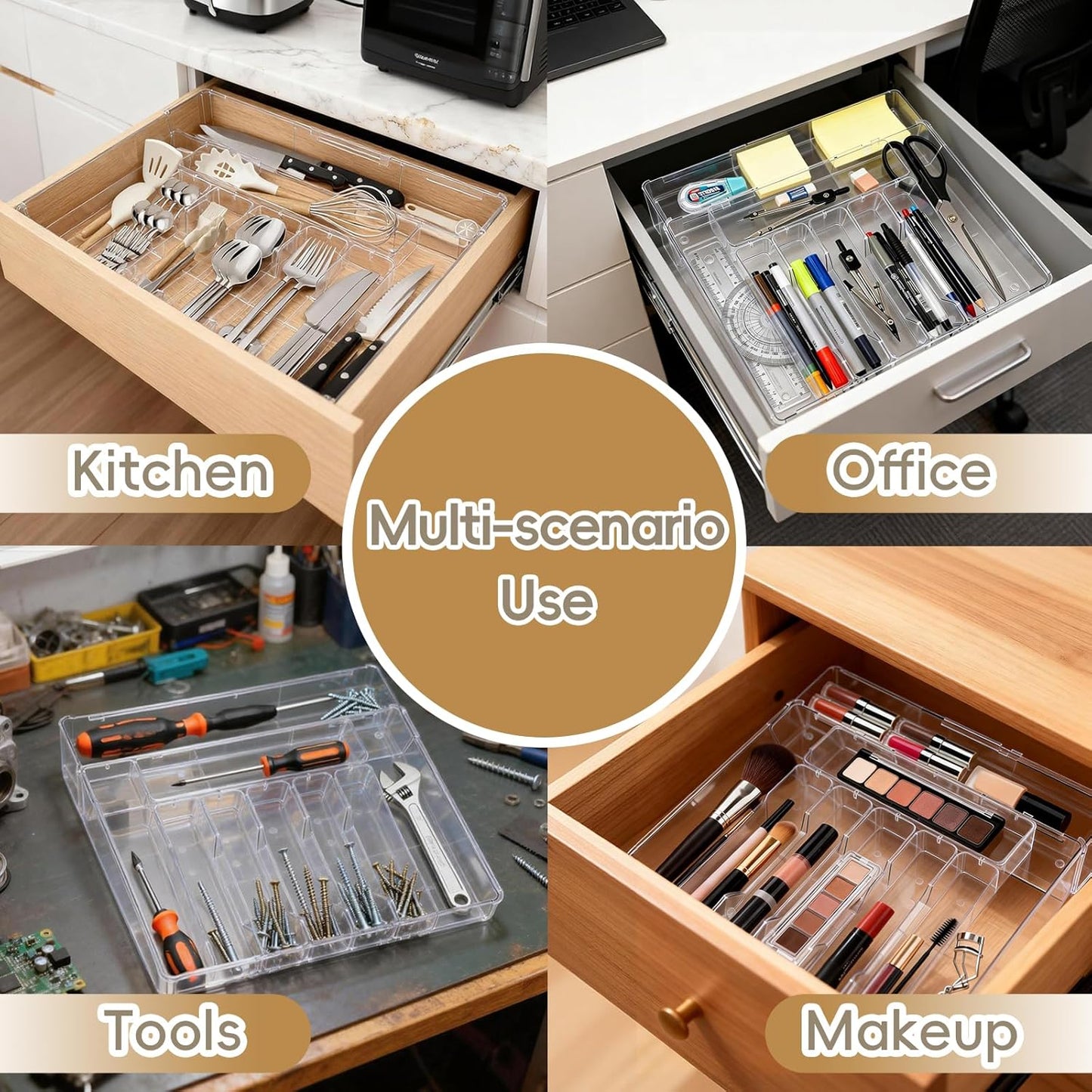 Expandable Silverware Organizers for Kitchen Drawer, Clear Utensil | Drawer Organizer Tray, Adjustable Cutlery Flatware Holder for Spoon Fork Knife, Plastic Spatula Tools Gadgets Storage Divider