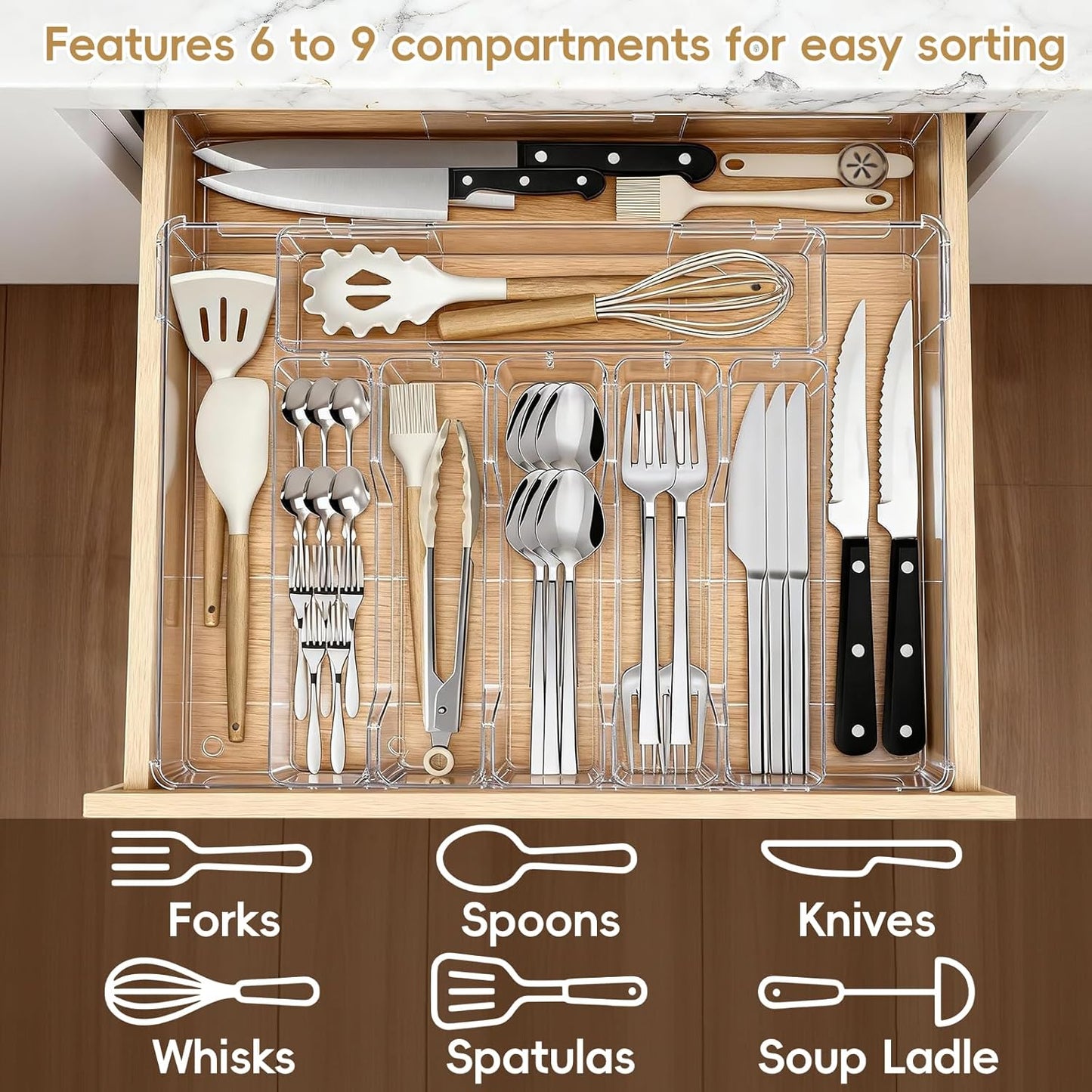 Expandable Silverware Organizers for Kitchen Drawer, Clear Utensil | Drawer Organizer Tray, Adjustable Cutlery Flatware Holder for Spoon Fork Knife, Plastic Spatula Tools Gadgets Storage Divider