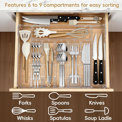 Expandable Silverware Organizers for Kitchen Drawer, Clear Utensil | Drawer Organizer Tray, Adjustable Cutlery Flatware Holder for Spoon Fork Knife, Plastic Spatula Tools Gadgets Storage Divider
