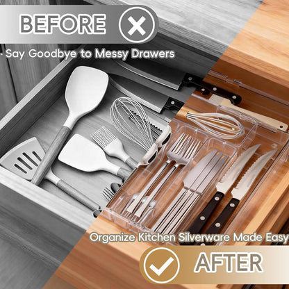 Expandable Silverware Organizers for Kitchen Drawer, Clear Utensil | Drawer Organizer Tray, Adjustable Cutlery Flatware Holder for Spoon Fork Knife, Plastic Spatula Tools Gadgets Storage Divider