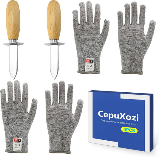 4Pcs Oyster Shucking Knife Set with 2 Pairs Cut Resistant Gloves, Stainless Steel Oyster Shucker Opener & Clam Shucking Knife Tool Kit, Non-Slip Wood Handle for Seafood Lovers