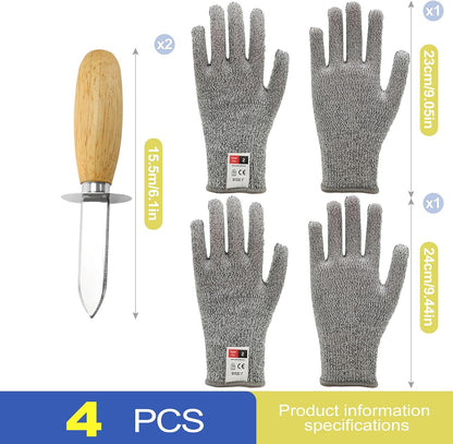 4Pcs Oyster Shucking Knife Set with 2 Pairs Cut Resistant Gloves, Stainless Steel Oyster Shucker Opener & Clam Shucking Knife Tool Kit, Non-Slip Wood Handle for Seafood Lovers