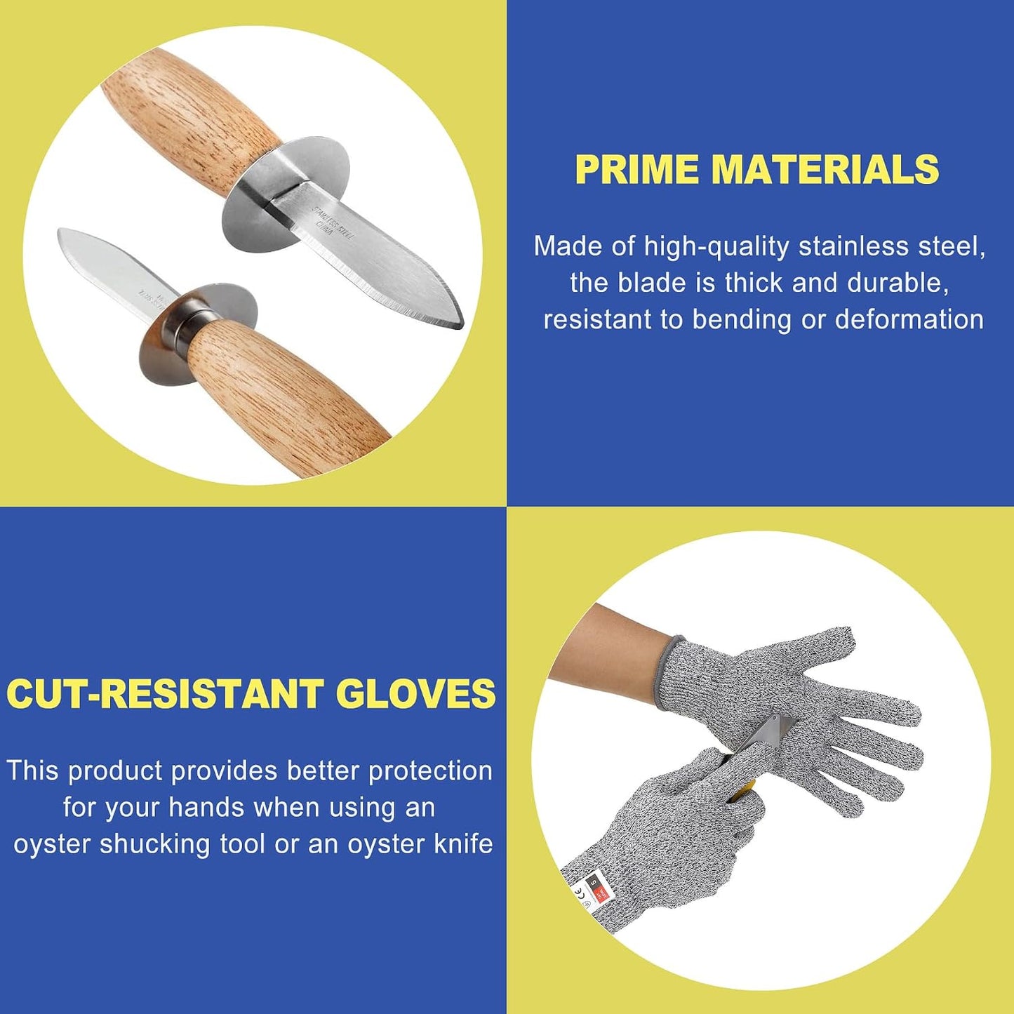 4Pcs Oyster Shucking Knife Set with 2 Pairs Cut Resistant Gloves, Stainless Steel Oyster Shucker Opener & Clam Shucking Knife Tool Kit, Non-Slip Wood Handle for Seafood Lovers