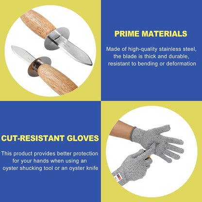 4Pcs Oyster Shucking Knife Set with 2 Pairs Cut Resistant Gloves, Stainless Steel Oyster Shucker Opener & Clam Shucking Knife Tool Kit, Non-Slip Wood Handle for Seafood Lovers