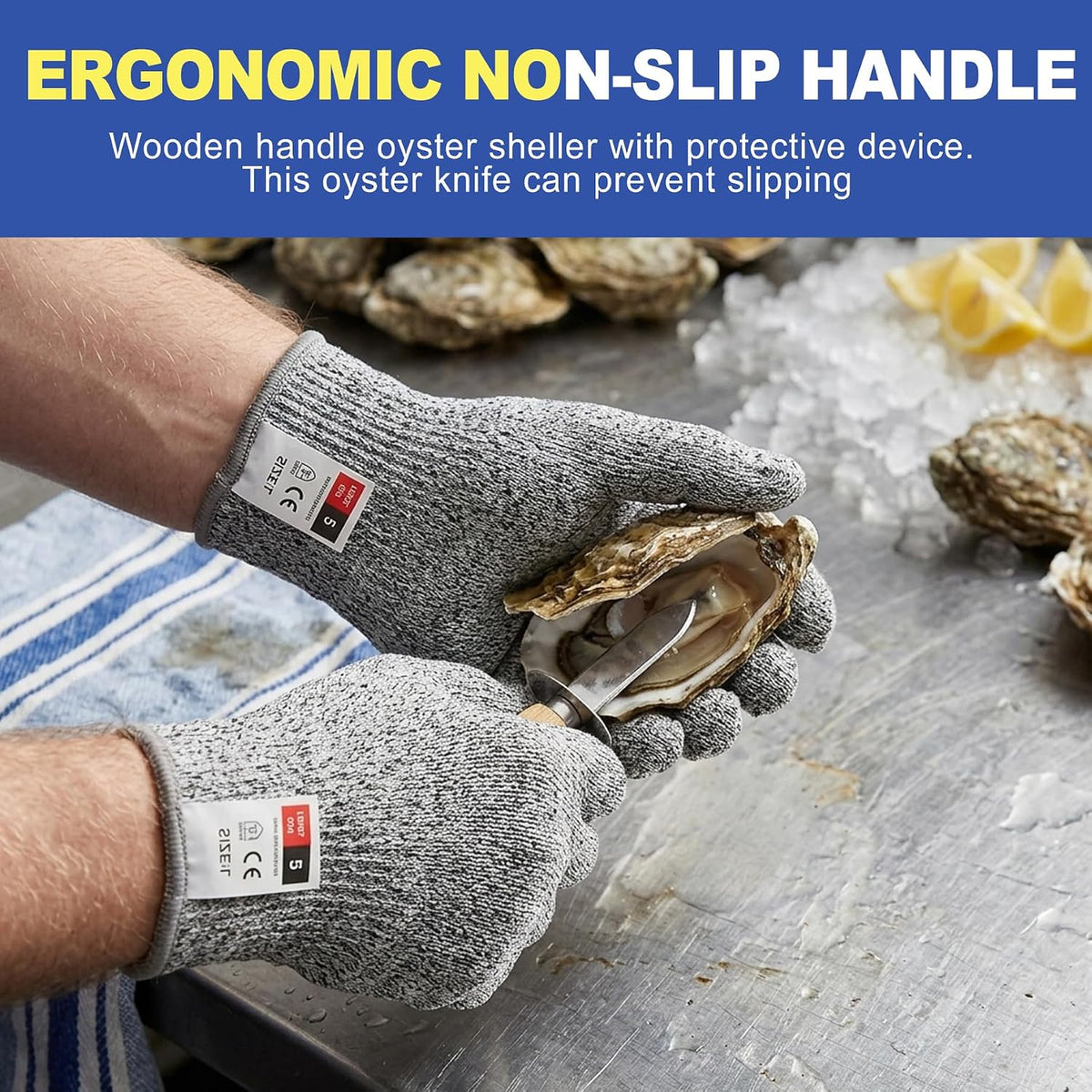 4Pcs Oyster Shucking Knife Set with 2 Pairs Cut Resistant Gloves, Stainless Steel Oyster Shucker Opener & Clam Shucking Knife Tool Kit, Non-Slip Wood Handle for Seafood Lovers