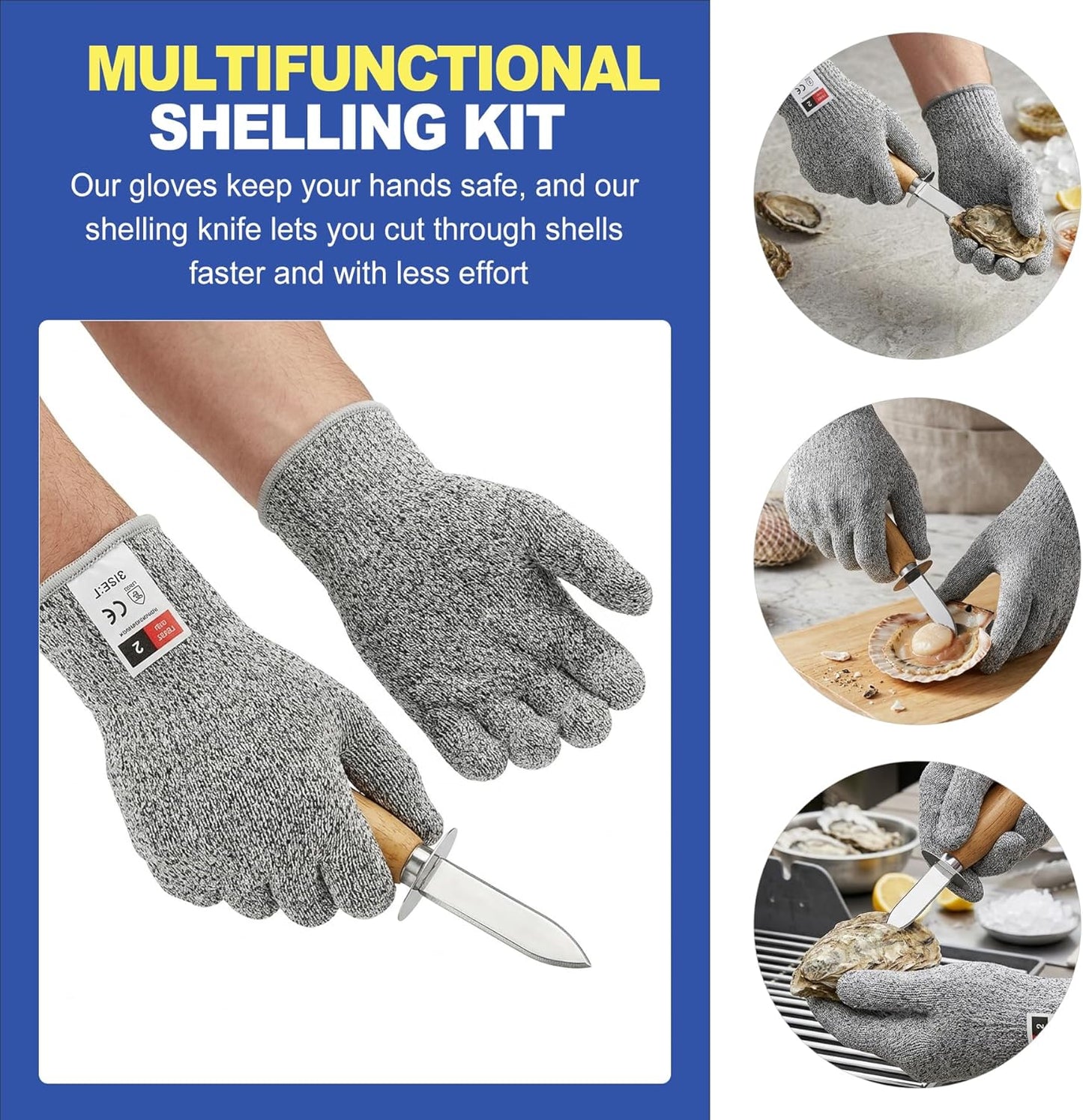 4Pcs Oyster Shucking Knife Set with 2 Pairs Cut Resistant Gloves, Stainless Steel Oyster Shucker Opener & Clam Shucking Knife Tool Kit, Non-Slip Wood Handle for Seafood Lovers