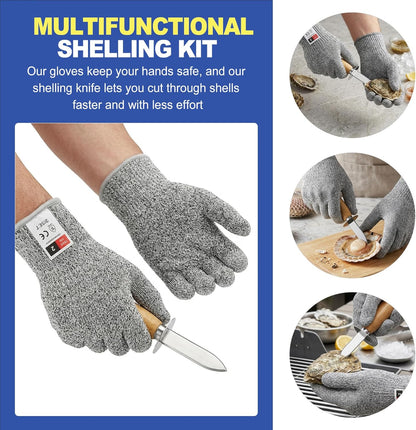 4Pcs Oyster Shucking Knife Set with 2 Pairs Cut Resistant Gloves, Stainless Steel Oyster Shucker Opener & Clam Shucking Knife Tool Kit, Non-Slip Wood Handle for Seafood Lovers