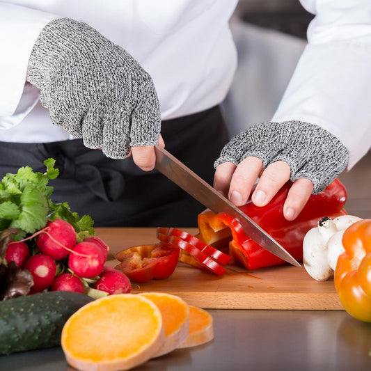 2 Pair Fingerless Cut Resistant Gloves Kitchen Cutting Glove Food Grade Gloves for Chef Mandolin Slicing(Grey and Black)