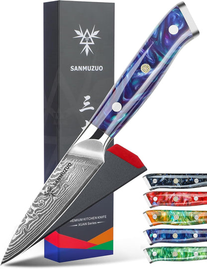 3.5 Inch Paring Knife - Kitchen Fruit Vegetable Knife Damascus Steel & Resin Handle - Xuan Series (Fantasy Orange)