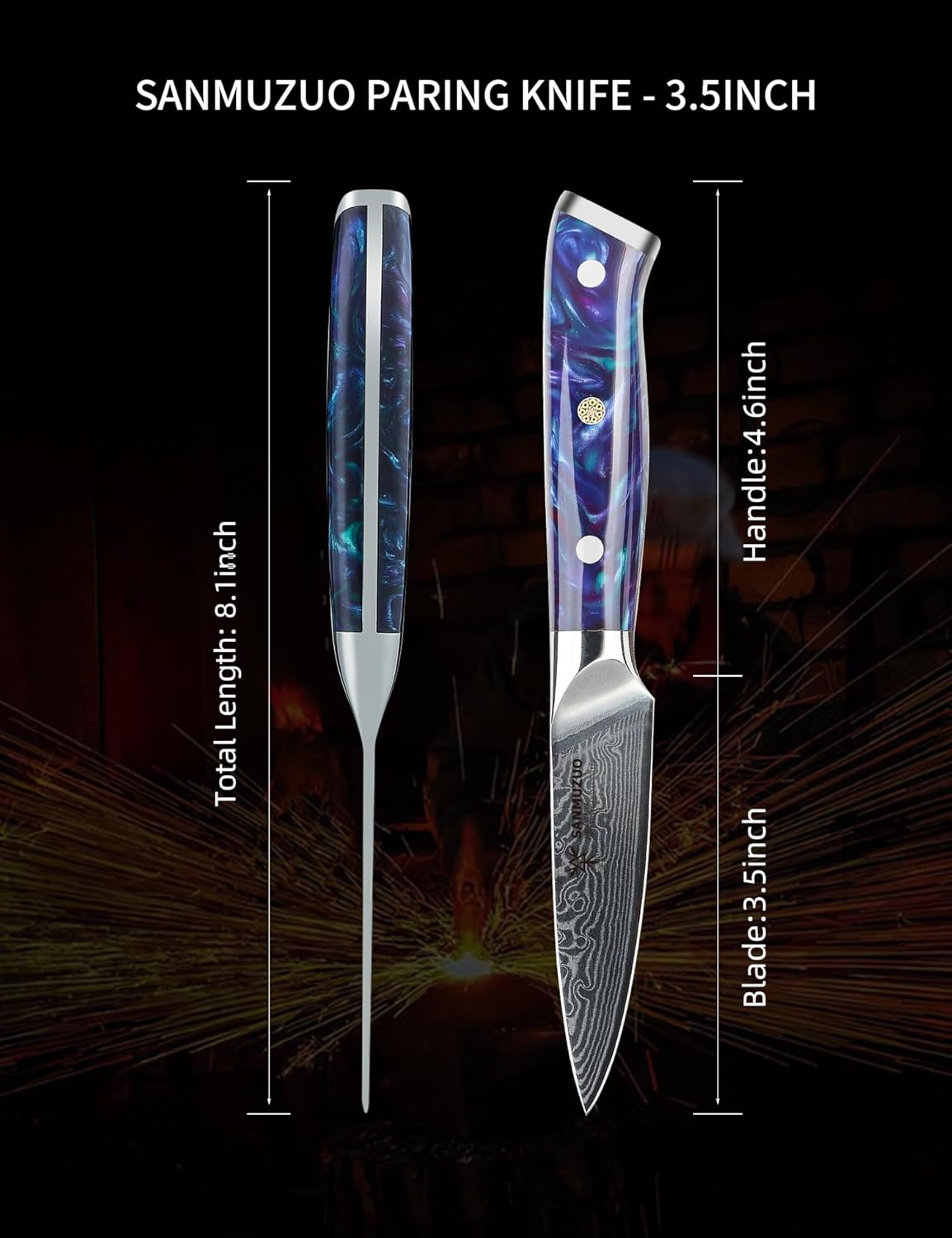 3.5 Inch Paring Knife - Kitchen Fruit Vegetable Knife Damascus Steel & Resin Handle - Xuan Series (Fantasy Orange)