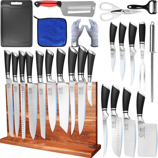 Knife Block Set, Stainless Steel Kitchen Knives Set with Magnetic Knife Holder, Fork, Cutting Board, Honing Steel, Scissors, Peeler, Cut Resistant Gloves, Japanese Style Slicing Chef Knives