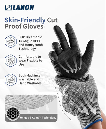 LANON Cut Resistant Gloves, Knife Protection Level D, Nitrile Coating with Honey Comb Pattern, ANSI A4 Cut Work Gloves, Reinforced Thumbs, 3D Comfort Fit, Breathable, Mechanical, Touchscreen,Small