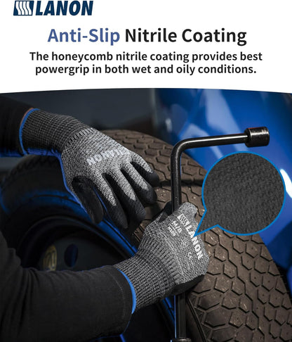 LANON Cut Resistant Gloves, Knife Protection Level D, Nitrile Coating with Honey Comb Pattern, ANSI A4 Cut Work Gloves, Reinforced Thumbs, 3D Comfort Fit, Breathable, Mechanical, Touchscreen,Small