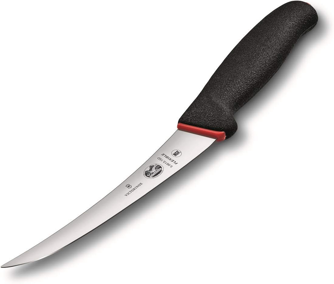 Dual Grip 6" Boning Knife, Curved, Flexible Narrow Blade, Black Handle
