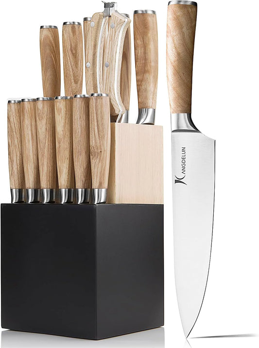 Ultra Sharp 14-Piece Kitchen Knife Set, High Carbon Stainless Steel Blades, Torrefied Natural Wood Handles, Ergonomic Design, Space-Saving Black-Finished Wood Block, Easy Hand Wash, Gift Box