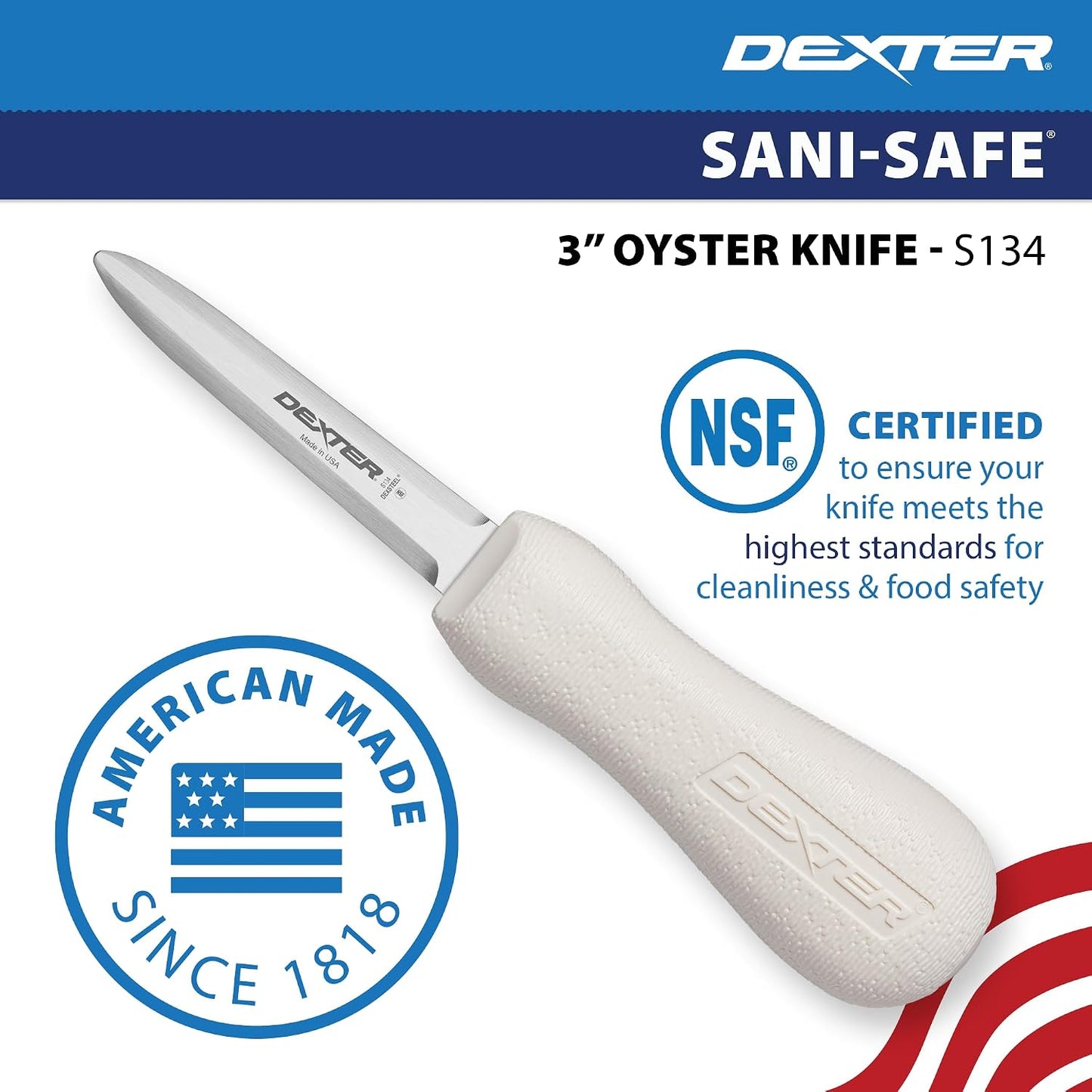 3" Boston-Style Oyster Knife | S134PCP, High Carbon, High Alloy Stain-Free DEXSTEEL Blade | Sani-Safe Polypropylene Handle | NSF Certified | Made in USA