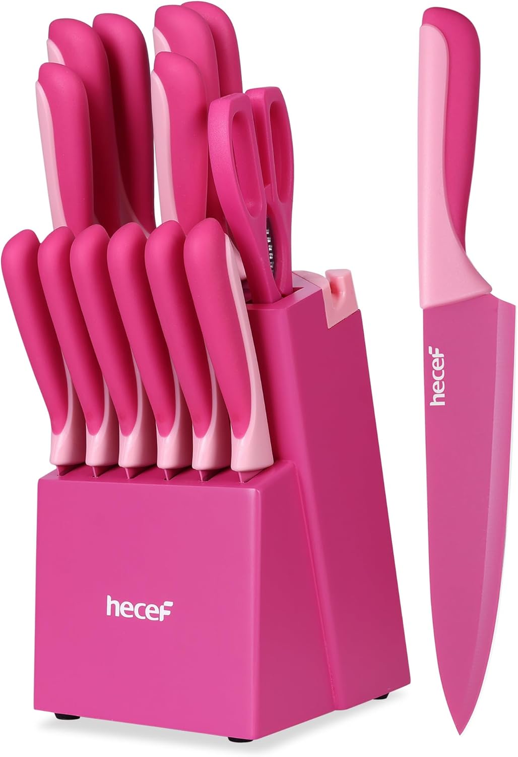 15 Pieces Kitchen Knife Set with Built-in Sharpening Wooden Block, Dishwasher Safe, High Carbon Stainless Steel Knife Block Set with Steak Knives, Kitchen Scissors, Hot Pink