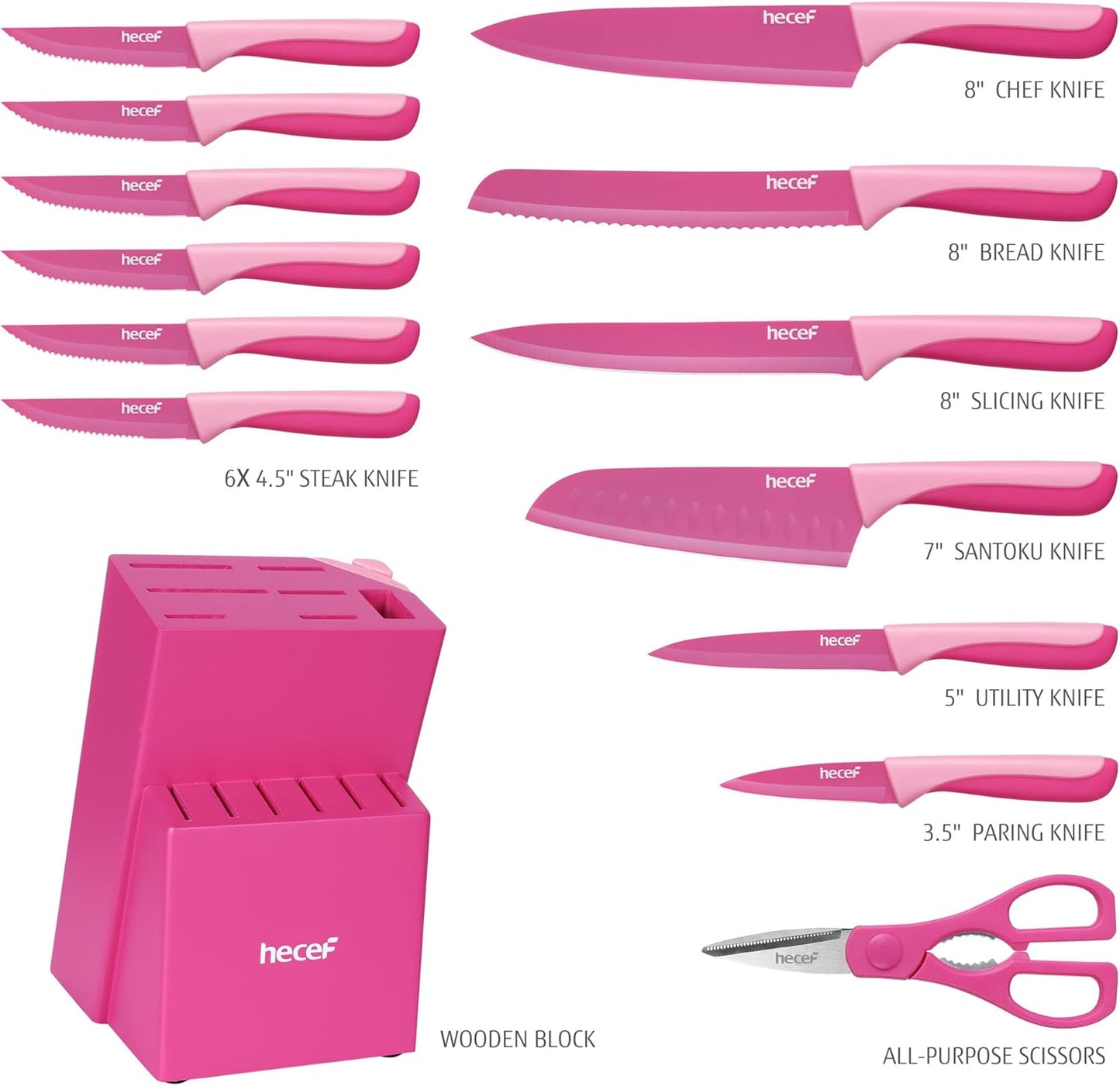 15 Pieces Kitchen Knife Set with Built-in Sharpening Wooden Block, Dishwasher Safe, High Carbon Stainless Steel Knife Block Set with Steak Knives, Kitchen Scissors, Hot Pink