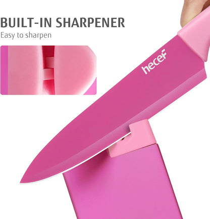 15 Pieces Kitchen Knife Set with Built-in Sharpening Wooden Block, Dishwasher Safe, High Carbon Stainless Steel Knife Block Set with Steak Knives, Kitchen Scissors, Hot Pink