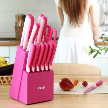 15 Pieces Kitchen Knife Set with Built-in Sharpening Wooden Block, Dishwasher Safe, High Carbon Stainless Steel Knife Block Set with Steak Knives, Kitchen Scissors, Hot Pink