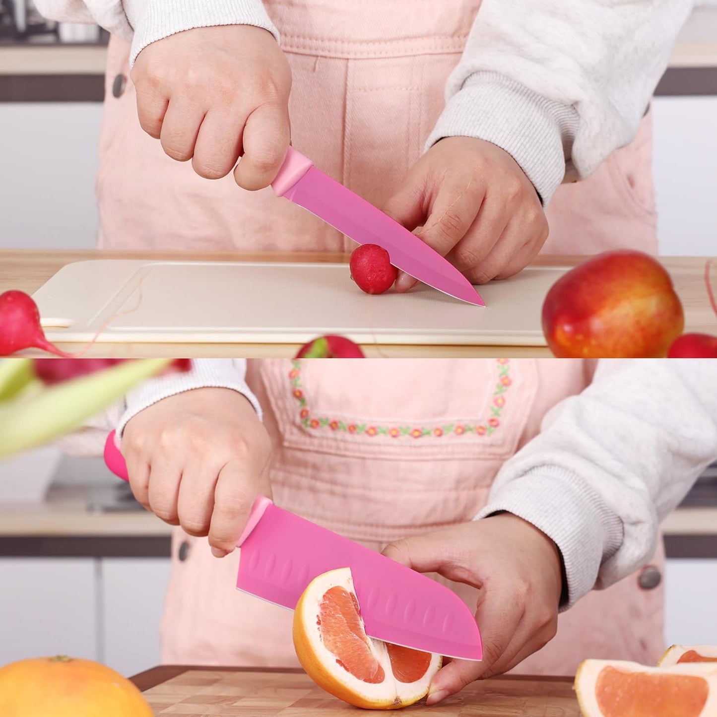15 Pieces Kitchen Knife Set with Built-in Sharpening Wooden Block, Dishwasher Safe, High Carbon Stainless Steel Knife Block Set with Steak Knives, Kitchen Scissors, Hot Pink