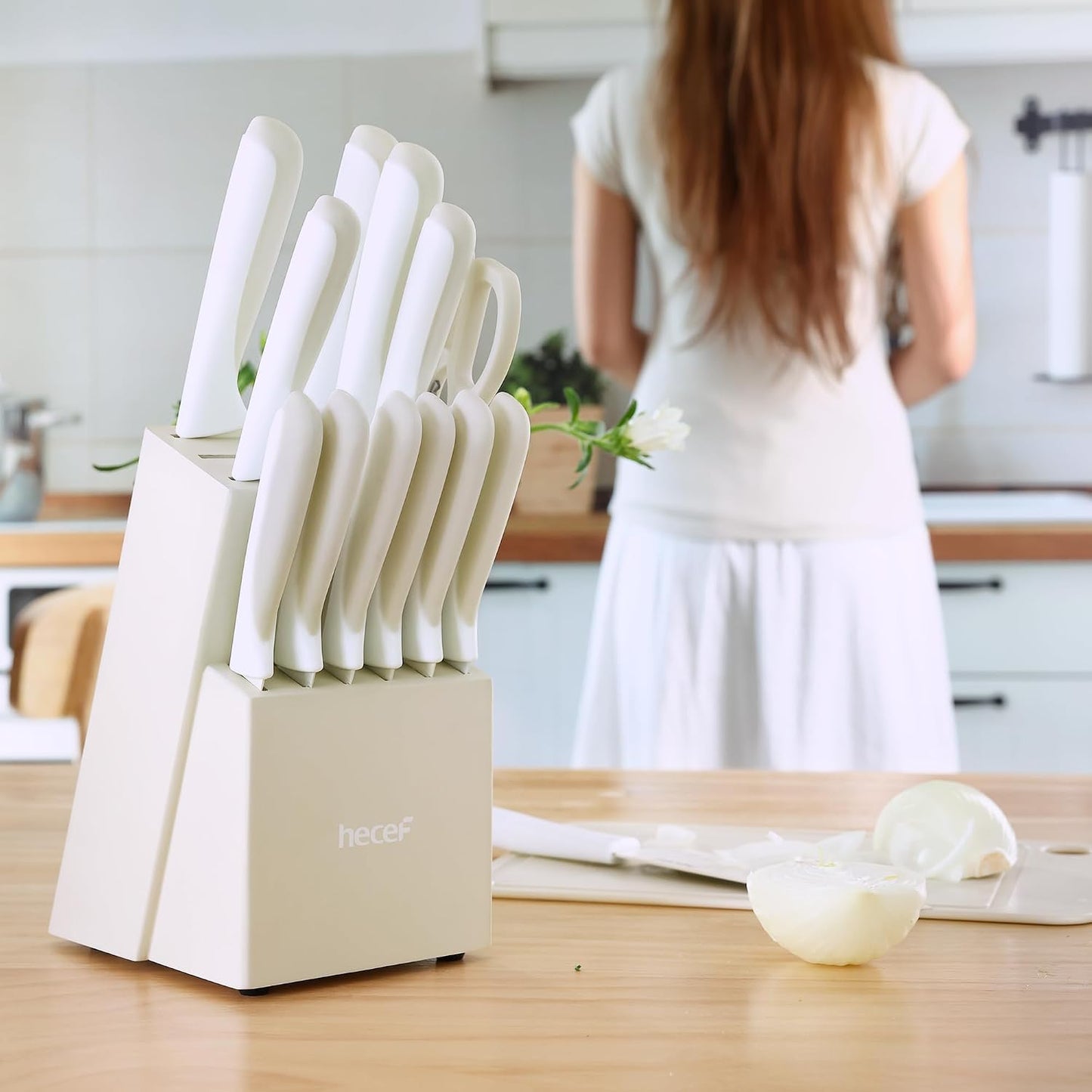 15 Pieces Kitchen Knife Set with Built-in Sharpening Wooden Block, Dishwasher Safe, High Carbon Stainless Steel Knife Block Set with Steak Knives, Kitchen Scissors, Hot Pink