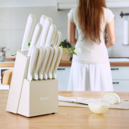 15 Pieces Kitchen Knife Set with Built-in Sharpening Wooden Block, Dishwasher Safe, High Carbon Stainless Steel Knife Block Set with Steak Knives, Kitchen Scissors, Hot Pink