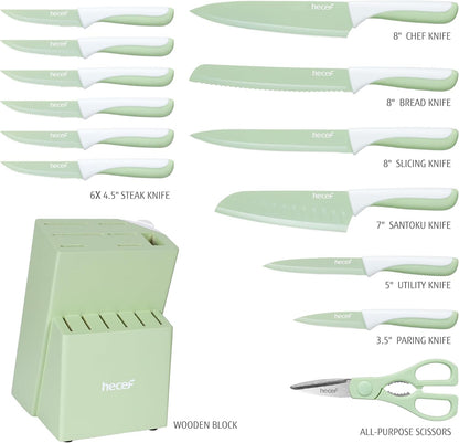 15 Pieces Kitchen Knife Set with Built-in Sharpening Wooden Block, Dishwasher Safe, High Carbon Stainless Steel Knife Block Set with Steak Knives, Kitchen Scissors, Hot Pink