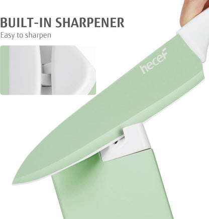 15 Pieces Kitchen Knife Set with Built-in Sharpening Wooden Block, Dishwasher Safe, High Carbon Stainless Steel Knife Block Set with Steak Knives, Kitchen Scissors, Hot Pink