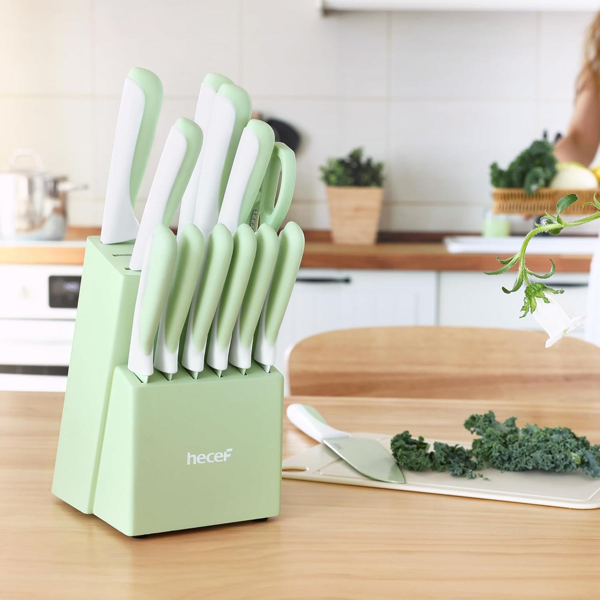 15 Pieces Kitchen Knife Set with Built-in Sharpening Wooden Block, Dishwasher Safe, High Carbon Stainless Steel Knife Block Set with Steak Knives, Kitchen Scissors, Hot Pink
