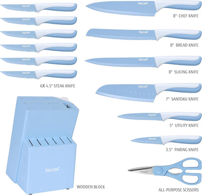 15 Pieces Kitchen Knife Set with Built-in Sharpening Wooden Block, Dishwasher Safe, High Carbon Stainless Steel Knife Block Set with Steak Knives, Kitchen Scissors, Hot Pink